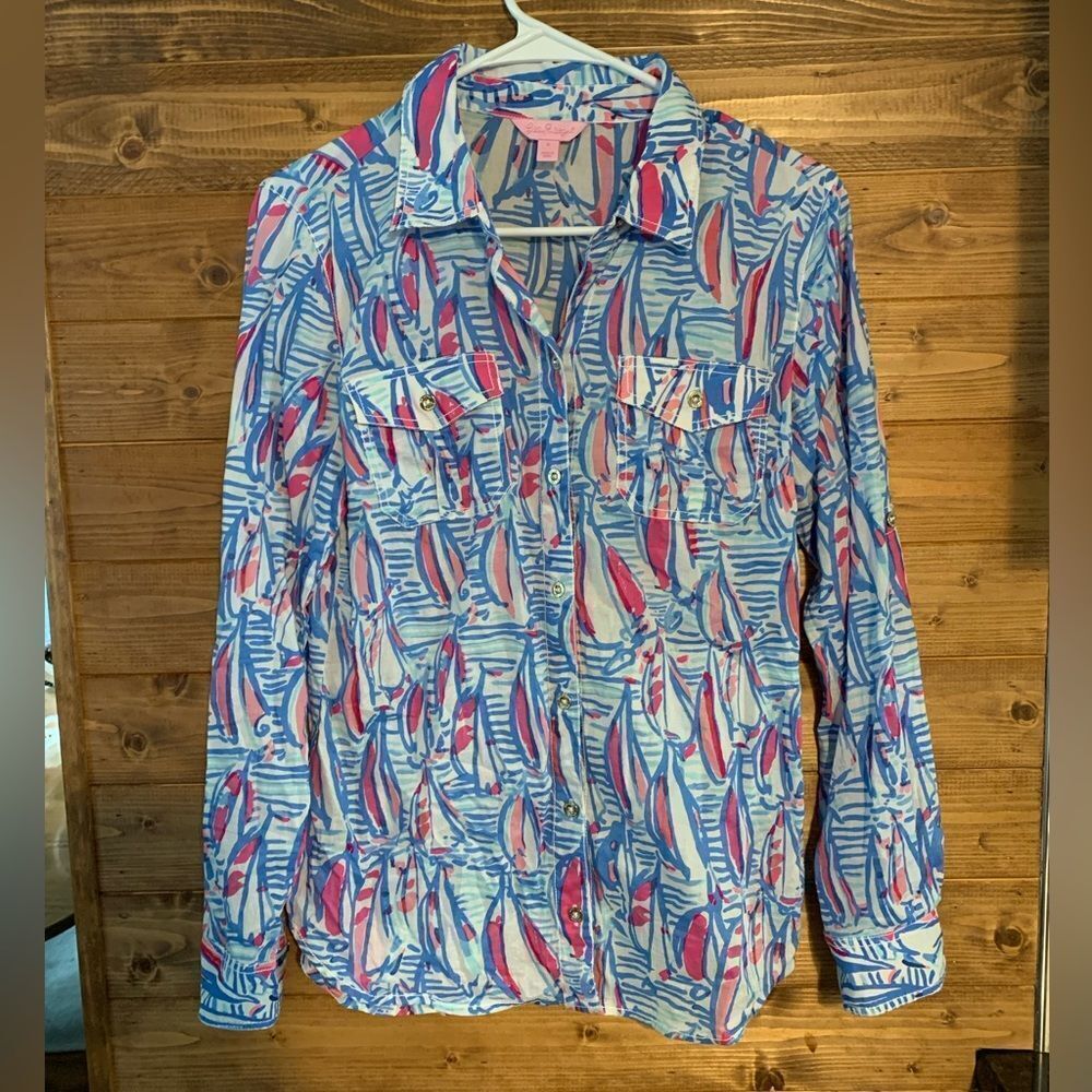 Lilly Pulitzer Red Right Return Sailboat Button Up Top Shirt